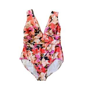 Kona Sol Pink Tropical Print One Piece Swimsuit XL